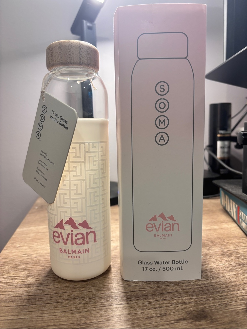NWT Evian x Balmain Paris Limited Edition SOMA Glass Water Bottle